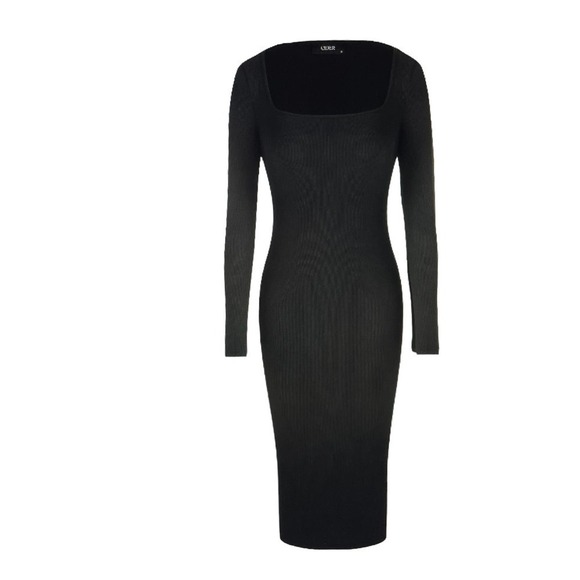 Midi Dress Long Sleeve Bodycon Ribbed Knit Square Neck Stretch Black Size 0 - Picture 1 of 6